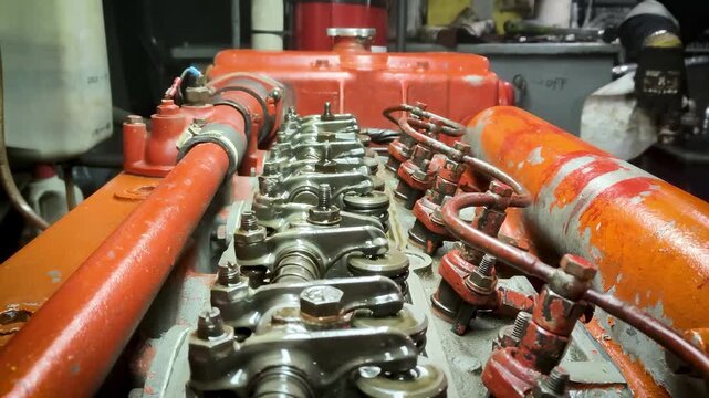 Marine Engine Close-Up With Moving Pistons - Cylinder Detail Shot