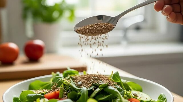 Fresh Salad Preparation Adding Healthy Seeds To Green Leaves Tomatoes Cucumbers Close Up Macro