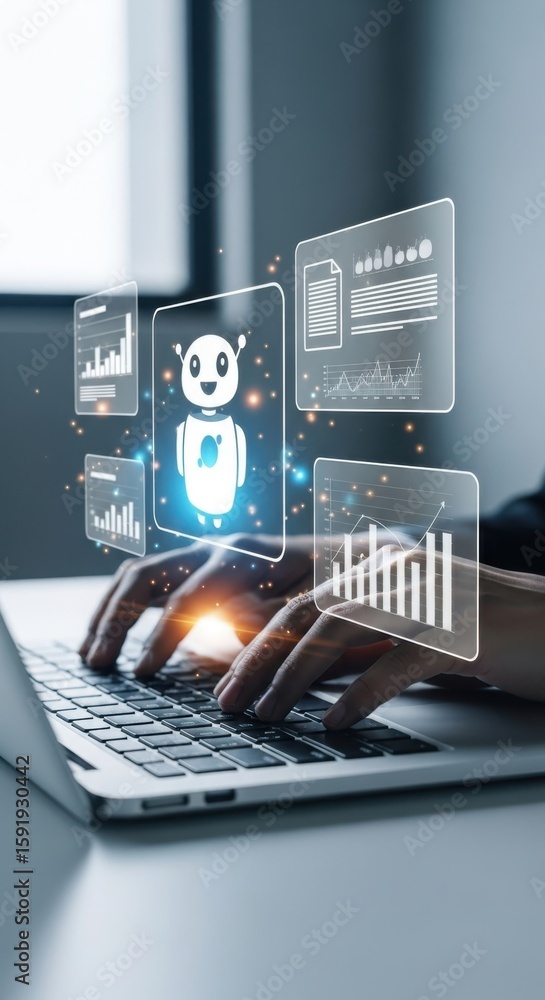 Poster person typing on laptop with a i bot and data charts floating on screen technology business