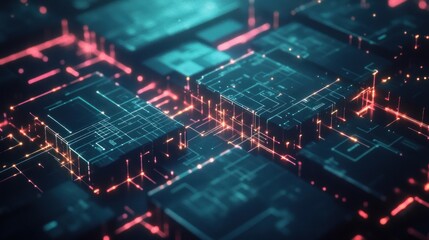 Abstract digital network; glowing cubes interconnected by lines.