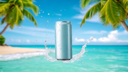 Blue beverage can splashing water tropical beach ocean