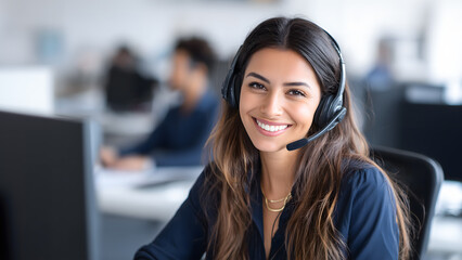 Naklejka na ściany i meble Young smiling Indian woman working in customer care smiling and talking with clients. Help desk and call center office