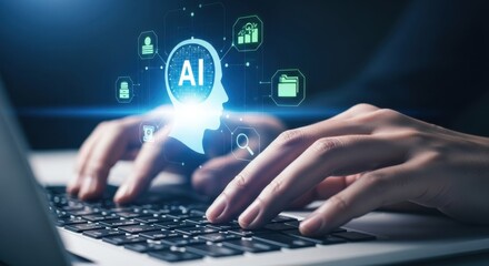 Obraz premium Person typing on laptop with A I brain and digital icons overlay artificial intelligence technology