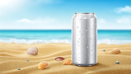 Chilled aluminum can on sandy beach with ocean condensation