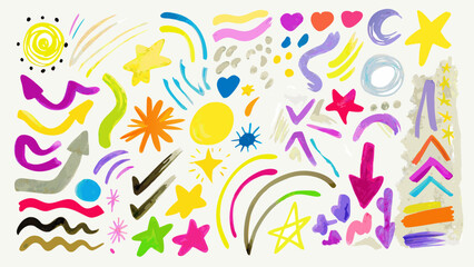 Obraz premium Watercolor doodles with stars hearts arrows suns and abstract shapes in various bright colors art design