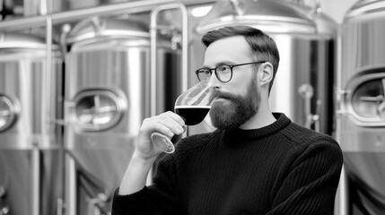 Professional beer taster sampling craft brew in modern brewery production facility. Quality control specialist testing alcohol beverage manufacturing.