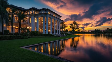 Luxurious mansion reflects on tranquil lake at sunset.