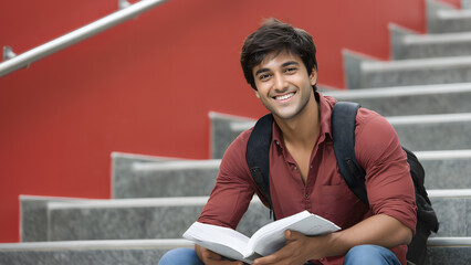 Young Indian male Student Studying Outdoors at College Campus. Education and Learning Concept	