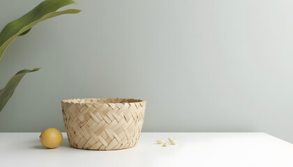 Fototapeta premium Woven basket with lemon and small objects on a white surface against a muted green wall, with a plant leaf in the background.