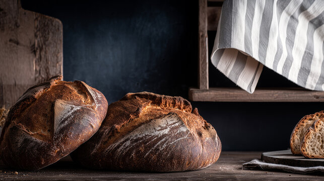 Rustic sourdough bread loaves on wooden table with striped kitchen towel in traditional bakery. Dark crusty artisan bread with flour dusting in moody lighting. Homemade baking atmosphere.