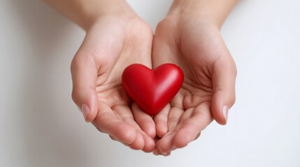 Hands holding a red heart symbolizing love and care in a soft, neutral setting