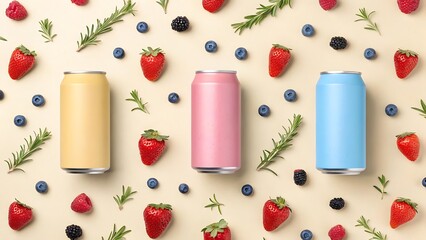 Colorful beverage cans with fresh berries and rosemary