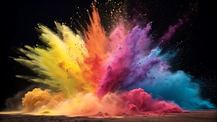 Vibrant rainbow powder explosion against a dark background