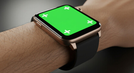 Smartwatch Interface Touch Close-up of Hand Interacting with a Green Screen Wearable Device for Application Mockups