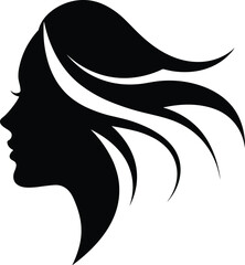 Elegant Woman Face Silhouette with Flowing Hair: Beautiful Profile for Beauty, Salon, Fashion, and Feminine Design Concepts, Isolated on White Background.