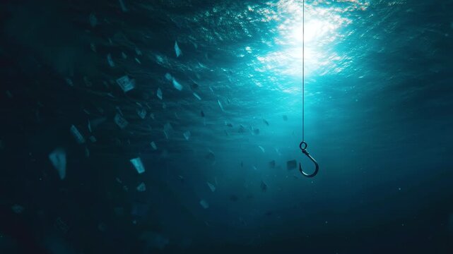 Phishing attack concept showing metal hook underwater in ocean surrounded by floating data packets and ocean environment with packet details