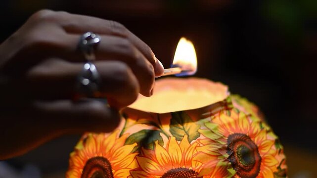 Sunlit Spark A hand holds a lit match over a sunflower-patterned lantern, casting a warm glow in the dimness