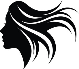 Elegant Woman Face Silhouette with Flowing Hair: Beautiful Profile for Beauty, Salon, Fashion, and Feminine Design Concepts, Isolated on White Background.