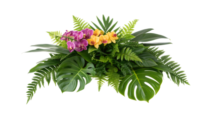 Lush green foliage arrangement with pink and yellow orchids image