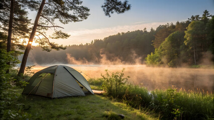 A tent sits beside a misty lake surrounded by trees and grass under a bright sunny sky at sunrise