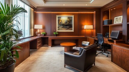 Luxurious, modern executive office with wooden paneling, comfortable seating, and a large desk.