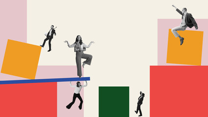 Surreal collage of office workers balancing on abstract shapes in business scene. Concept of...