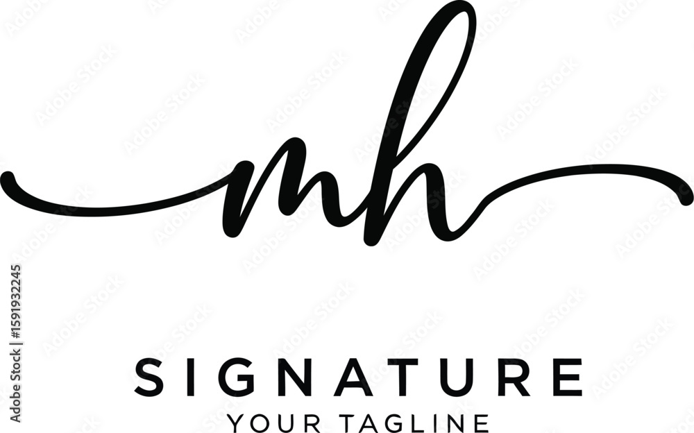 Fototapete elegant initial mh signature logo, a simple handwritten black typeface design with flourish elements