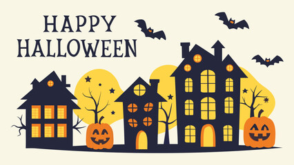 Happy halloween scene with houses, pumpkins, bats, trees, stars and moon in a festive holiday design
