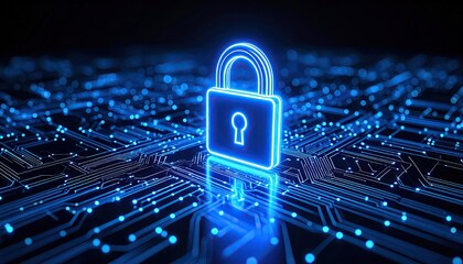 Glowing padlock on circuit board