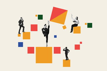 Collage of businesspeople jumping and stretching among floating colored squares. Concept of...