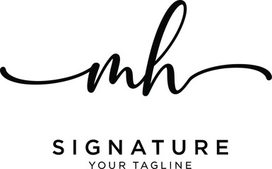 Elegant initial MH signature logo, a simple handwritten black typeface design with flourish elements creating a calligraphic feel on white.
