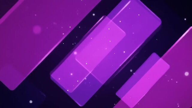 Abstract crystalline grid with shifting translucent rectangles and drifting glowing particles, vibrant purple-pink gradients, immersive animation
