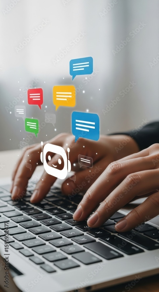Poster person typing on laptop with a i chatbot and colorful chat bubbles floating above ai chatbot artific