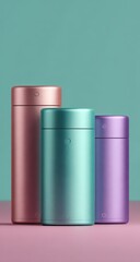 Three cylindrical containers in rose gold, teal, and lavender hues, standing on a pink surface against a teal background