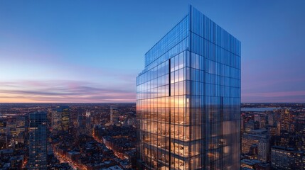 Modern skyscraper in city skyline at dawn. View of urban landscape with glass facade.