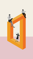 Collage of abstract 3D orange frame with surreal business characters posed on edges in pink minimal...