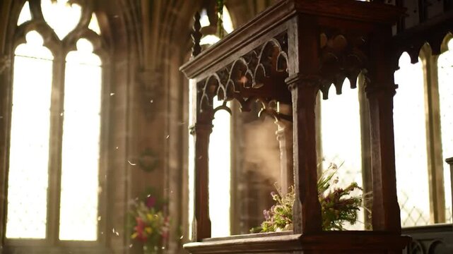 Ornate wood lectern stands near gothic windows, illuminated by sunlight, with flowers and floating particles