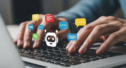 Person typing on laptop with A I chatbot and colorful speech bubbles AI chatbot artificial intelligence 1