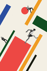 Collage of white collar workers interacting with geometric forms and dynamic shapes on white background. Concept of career movement, risk strategy, business agility, visual metaphor, editorial design.
