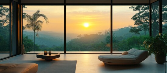 Modern living room with panoramic sunset views over lush mountains.