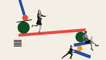 Contemporary collage of business team balancing on shapes with motivated expressions and bold...