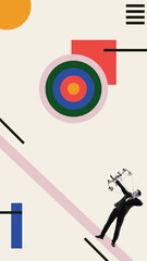 Collage of businessman aiming arrow at colorful target with focused expression and bold layout....