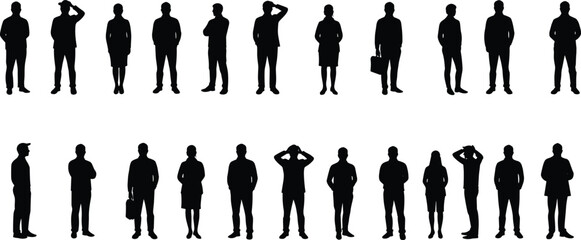 Diverse Business People Silhouettes: Standing Professional Men and Women in Various Poses, Ideal for Corporate Concepts, Crowd Scenes, and Urban Life Graphics.