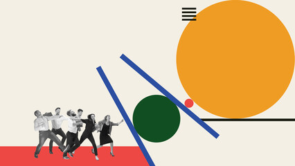 Surreal collage of team running from huge circle symbolizing overwhelming risk and urgency. Concept...