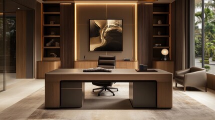 Luxurious modern executive office space with large wooden desk, comfortable chair, and stylish decor.