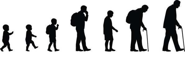 Human Life Stages Silhouette: Evolution from Baby to Elderly Man, Depicting Growth, Aging, and Life Cycle Journey, Ideal for Generational and Developmental Concepts.