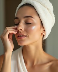Woman with radiant skin and soft headwrap