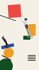 Graphic composition with woman pushing red square in surreal office balance scene with man watching...