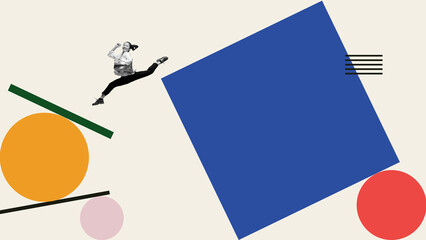 Collage of joyful woman jumping over oversized geometric shapes holding office files. Concept of energy in business, career ambition, startup spirit, fintech onboarding, creative momentum.