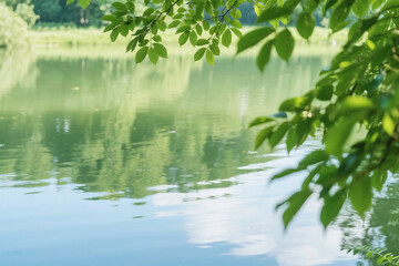 Naklejka premium Serene Pond with Green Leaves and Gentle Light Reflections